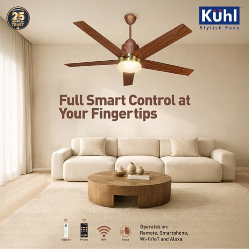 Image of KUHL Luxus Super 1320mm Stylish 65% Power Saving BLDC Ceiling Fan With Remote |Down Light|BEE 5 Rated & ISI Marked|Low Noise| IoT -Operate via Mobile & Alexa |Reverse Mode |Free Installation |Teak