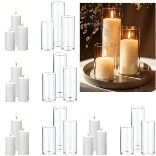 UDU 24 PCS White Pillar Candles with Glass Cylinder Vases Hurricane Glass Candle Holders for Pillar Candles Cylinder Vases for Centerpieces Wedding Table Party Home Decor
