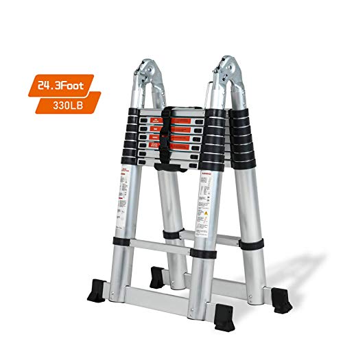 SUNCOO Multi-Position Ladders, 2.8-24.5Ft. Extension Ladder, Lightweight Aluminum Telescoping Ladders, Easy Retraction Anti-Slip Telescopic Extendable Climb Attic Ladder with 330 lbs Weight Rating