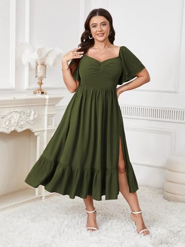 Image of SCOMCHIC Womens Plus Size Wedding Guest Cocktail Dresses Sweetheart Neckline Short Sleeve Smocked Ruffle Slit Maxi Dress
