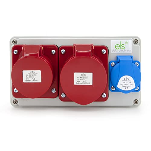 ELS Elektrotechnika Distributore di corrente da parete Schuko 1 x 230 V + 1 x CEE 16 A + 1 x CEE 32 A, prese, cablate, distributore di corrente per interni ed esterni, officine e fabbriche