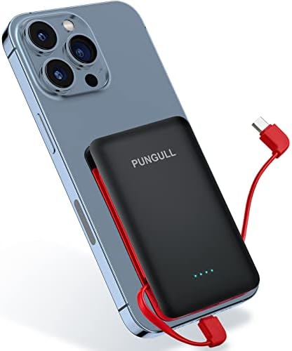 PUNGULL Slim Small Portable Phone Charger 5000mAh - Compact Mini Power Bank Built-in Cable Cute Mobile Cell Phone External Battery Pack 5V 2A USB-C Compatible with iPhones Airpods Samsung Heated Vest