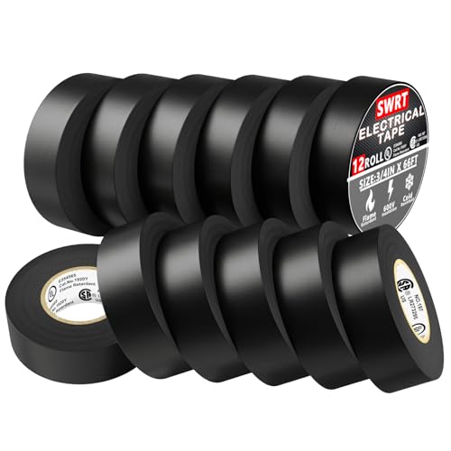 SWRT UL/CSA Listed Black Electrical Tape 12 Pack 7 mils Thick, 0.75 in x 66 FT Electric Tape...