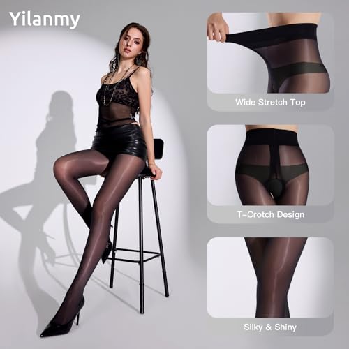 Yilanmy 2 Pairs Shiny Sheer Tights for Women Oil Shimmer Pantyhose Control Top Glossy Stockings2