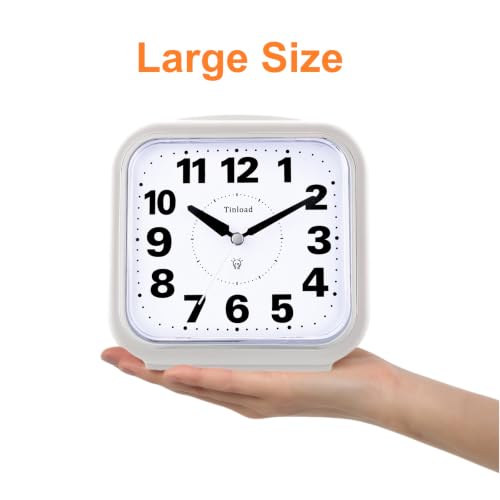 Image of Tinload 5.5 inch Large No Ticking Analog Alarm Clock,Silent Readable for Seniors,Easy to Set,Gradual Rise Alarm,Big Numbers,Gentle Wake,Snooze, Lighted on Demand,Battery Operated,White