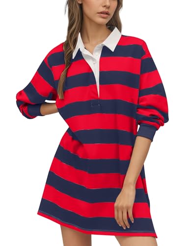 MISSACTIVER Striped Sweatshirt Mini Dress Women Long Sleeve Collared Button Down V Neck Oversized Pullover Tennis Dress