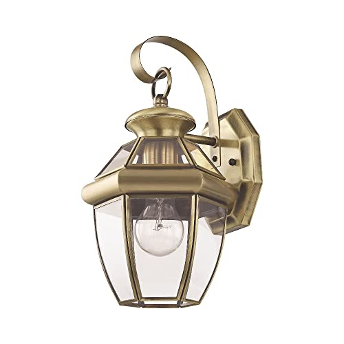 Image of Livex Lighting 2051-01 Monterey 1 Light Outdoor Antique Brass Finish Solid Brass Wall Lantern with Clear Beveled Glass | Clear Beveled Glass; Solid brass construction
