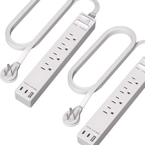 LIDER Outlet Extender with 4 Receptacles, USB Type-A and 2 USB Type-C, Ultra-Thin Flat-Plug, 4-Outlet Power Strip, 45 Degree Angle, Surge Protector, 1500 Joules, 5ft Cord, UL-Listed, White, 2 Pack
