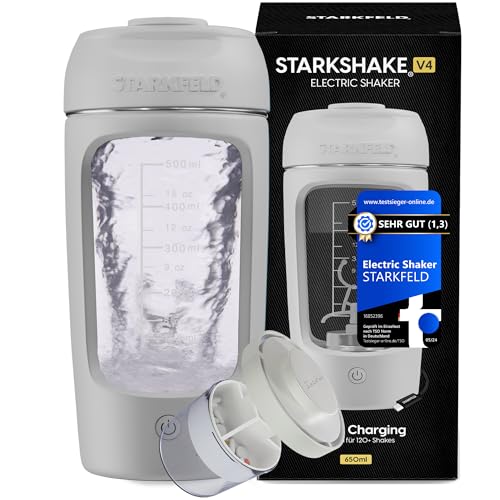 STARKSHAKE V4 ausgezeichnet als bester elektrischer Shaker vom F.A.Z.-Verlag (2025) | Elektrischer Protein Shaker für cremige Eiweiß Shakes | 8000 UPM | USB-C | 120+ Shakes | inkl. STARKPOD | WEISS