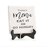 Ceramic decorative Today's Menu Eat It Or Go Hungry ceramic desktop ornament with wooden stand. Suitable for office desks, tables, and bookshelves 5.9x5.9inch