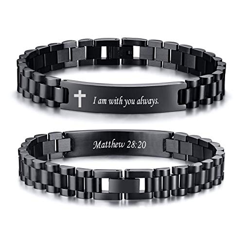 VNOX Personalized Religious Jewelry-Engraved Inspirational Christian Faith Bible Verse Quote Wristbands Elegant Link Bracelet Encouragement Gift,Cassic Watch Band Strap Design Black Cross-Ma