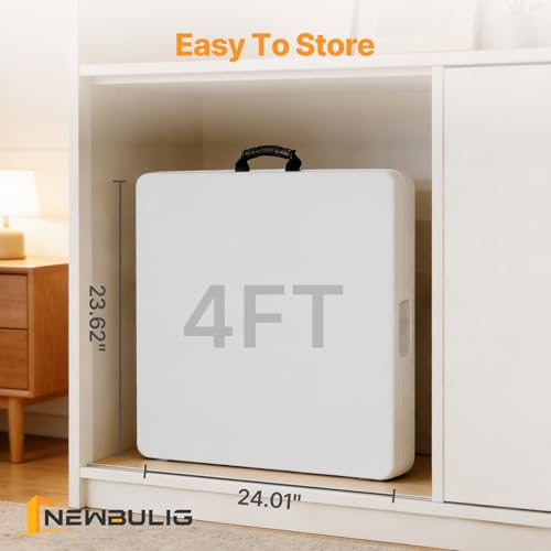 NEWBULIG 4 FT Folding Table Plastic Portable Fold-in-Half Table Heavy Duty for Camping Picnic Dining Party Kitchen Outdoor Indoor with Carrying Handle