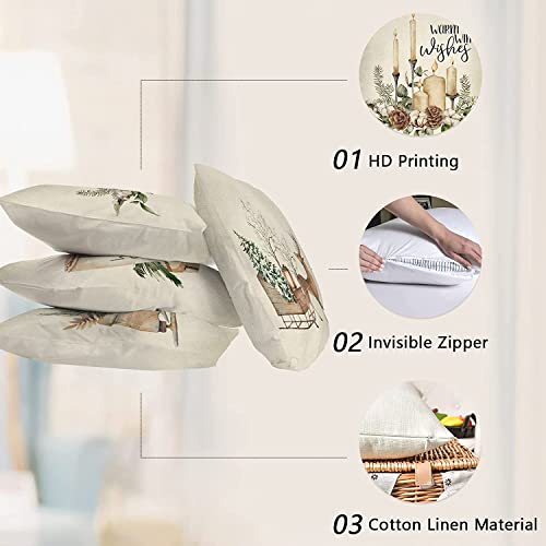Ussap Warm Winter Wishes Decorative Throw Pillow Cover Set Of 4, Reindeer Elk Skating Boots Let It Snow Decoration, Christmas Pine Tree Cones Candle Hot Cocoa Farmhouse Sofa Cushion Case Decor 16 X 16 #TOP6