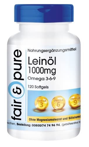 Fair & Pure Leinöl 1000mg, 120 Softgel Kapseln, Omega 3-6-9, Nahrungsergänzungsmittel ohne Magnesiumstearat, in Deutschland hergestellt