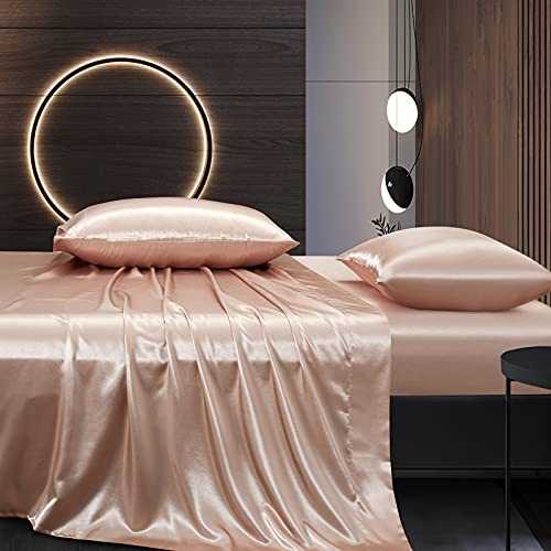 Redtom Silk Satin Sheets Full Size, Champagne Silk Sheets Set, 4-Pcs Ultra Soft Silky 15" Deep Pocket Satin Bed Sheets Set With 1 Fitted Sheet, 1 Flat Sheet And 2 Envelope Pillow Cases #TOP2