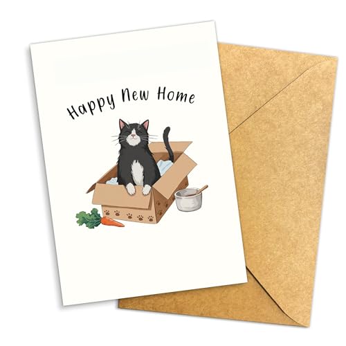 Happy New Home Cat Card Funny Cute Kitten Moving Day Card for Men and Women Housewarming Gift for Her and Him New Home Congratulations with Envelope, Welcome New Apartment Single 5.3''x 8'' Folded with Envelope