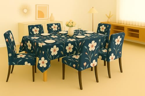 Image of Homerz Premium 6 Seater Dining Table Cloth with 6 Dining Chair Covers,Elastic Fitted Chair Slipcovers, Printed Polycotton Fabric, Table Cloth Size 60x90 inch (Blue Floral)