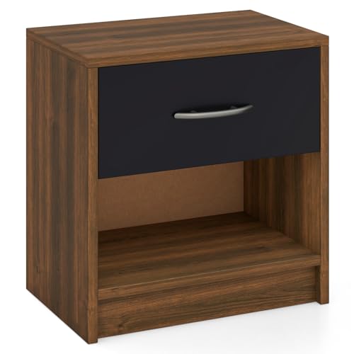 COSTWAY 1/2 Mesitas de Noche con Cajon y Estante Abierto, Mesillas de Noche de Madera, Mesa Auxiliar Sofa Salon Dormitorio, 38,5 x 28 x 40,5 cm (1, Marrón y Negro)