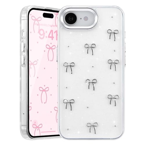 Coque rigide souple iPhone 16e transparente avec nœuds pailletés 3D