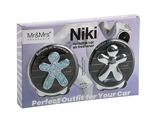Mr & Mrs Fragrance - Niki Classic et Fashion Désodorisant pour voiture, argenté, chromé et bleu pailleté Cover