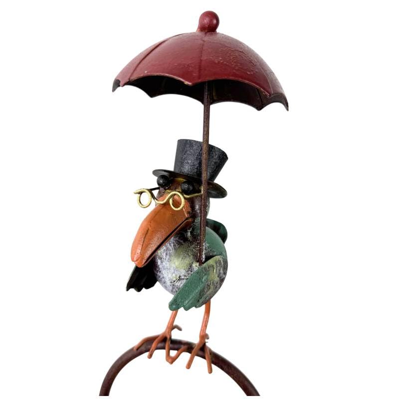 Pluviomètre à Piquer Tuteur à Plantes Déco de Jardin Corbeau Parapluie Rouge en Acier et Verre 10x18x132cm