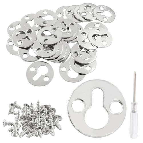 Image of 25 mm / 1 Inch Metal Keyhole Hangers, 30 Pcs Round Type Shelf Brackets, Silver Keyhole Mounting Plate with Screws for Picture Frame, Wall