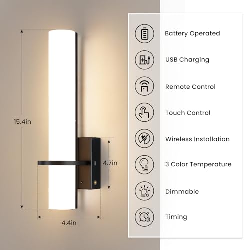 Image of AIJIASI Black Battery Operated Wall Sconces Set of 2, 10000mAh Rechargeable Wireless Wall Sconce with Remote Control, 3000K-6000K Dimmable LED Wall Lights for Living Room Bedroom Hallway 15 Inch