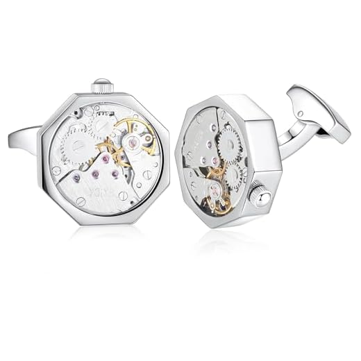 HONEY BEAR Gemelos Reloj relojería Mecanismo Steampunk de relojería para Hombre Camisa Octágono, Acero Inoxidable Regalo de Boda de Negocios con Caja (Plata)