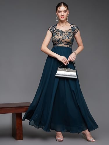 Image of Miss Chase Women's Round Neck Cap Sleeves Lace Knee -Long Skater Dress