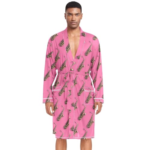 Men’s Robe Pattern Saxophone Print, Long Sleeve Bathrobe for Sleep Shower-M