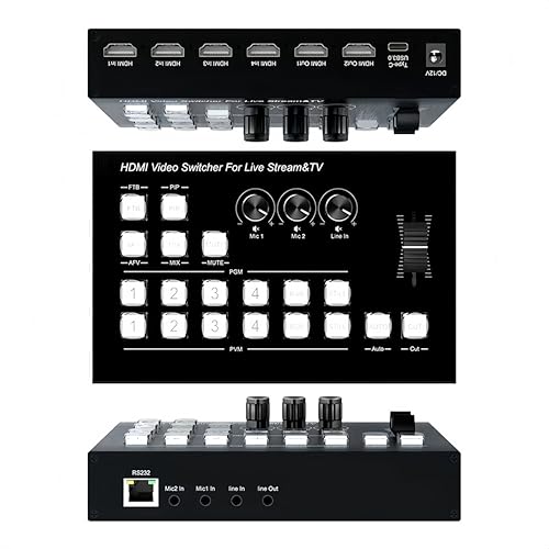 Video Mixer Switcher 4K 4HDMI Input 2HDMI Output Multi Camera Live Streaming Switcher 2MIC/LINE in/LiNE Out Audio Mixer,RS232 Type-C USB3.0 Capture Support PGM PVW PIP OSD 1080P HD Output etc