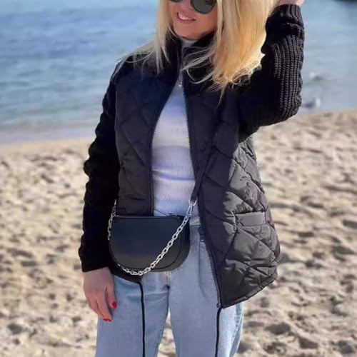 Women's Knit Patchwork Puffy Jacket,Casual Stand Collar Long Sleeve Zip Jacket,Women’s Winter Cropped Puffer Jacket Coat4