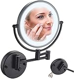 NMRCP Makeup Mirror Wall Mount LED with 10x Magnification, 8in Double Sided 360° Swivel Vanity Mirror with 12in Extension for Bathroom Bedroom, Matte Black, Hard Wired