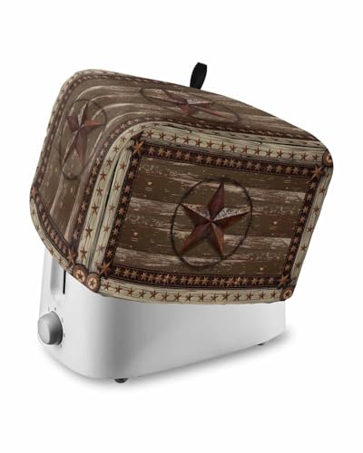 Texas Star Brown Toaster Cover 4 Slice, Farmhouse Vintage Wood Grain Dustproof Bread Machine Oven Cover with Storage Pockets, Fits Most Kitchen Toasters Protector