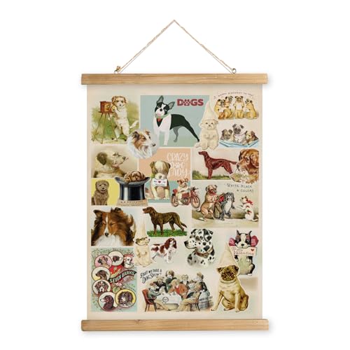 MIDEFINCH Vintage Dog Poster with Wooden Frame, Retro Style Wall Decor Art Painting, Rustic Dog Patterns Printed on Linen Without Fading, Easy to Hang Living Room Office Classroom Bedroom Bathroom