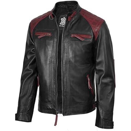 fjackets Mens Leather Jacket Moto Style Real Lambskin Leather Jacket, Quilted Cafe Racer Classic Zip Up Biker Jacket for Men