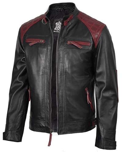 fjackets Veste de motard en cuir d'agneau véritable — Veste de moto matelassée Cafe Racer zippée pour hommes | [1107896] Veste en cuir Rollins noir et...