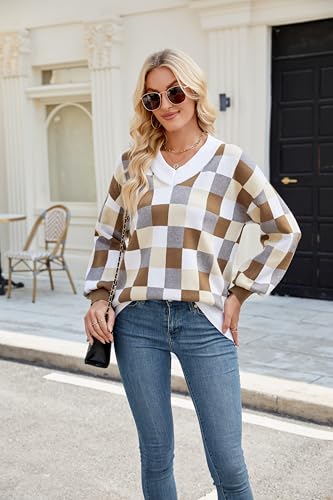 Spring Sweaters for Women, Women's Long Sleeve V Neck Color Block Trendy Oversized Ribbed Knit Pullover Sweater Tops2