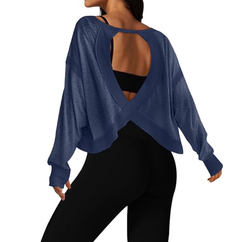 Image of UNIANKIYA Open Back Workout Tops for Women Long Sleeve Cropped Athletic Clothes Gym Running Yoga Low Impact Sports T Shirts