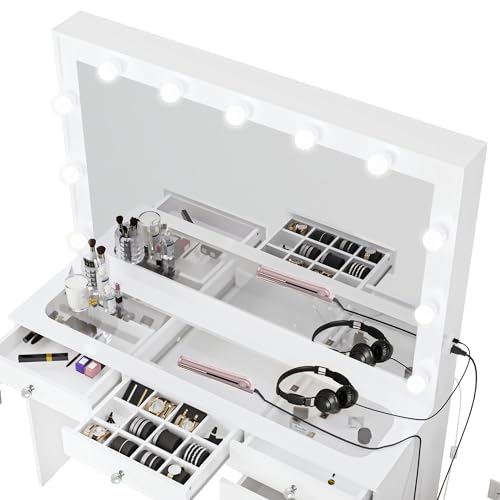Boahaus Serena Modern Makeup Vanity with Lights, 7 Drawers, Vanity Mirror, Glass Top Vanity, Crystal Ball, New Built-in Lights Version - White Vanity Makeup Desk Version for Bedroom - Thumbnail 5