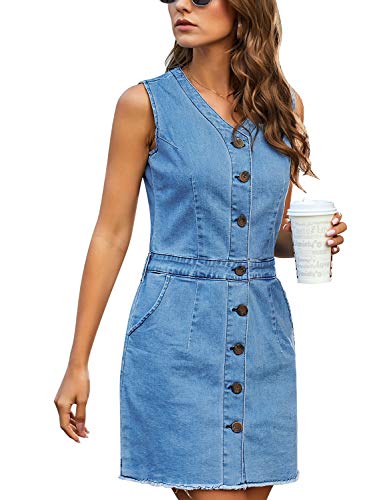 Lookbookstore Women Denim Dresses Casual Summer Blue Sleeveless Dress For Women V Neck Button Down Dress Jeans With Pockets Frayed Raw Hem Short Denim Dress Size Xl Size 16 Size 18 #TOP2