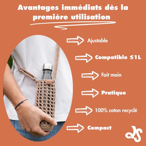 Porte-Gourde Artisanal en Coton Recyclé Fait Main en Maille Crochetée - Bandoulière Ajustable - Compatible pour Gourdes ≤1L | Lifestyle,Randonnée, Festival & Voyage – vue 9