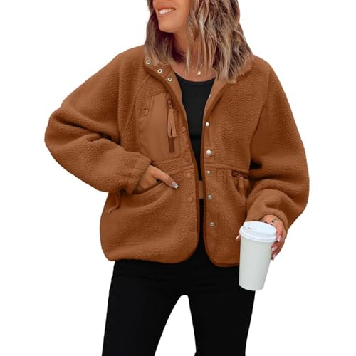 Generisch Chaqueta de forro polar para mujer, abrigo corto de lana sherpa con botones, abrigos cálidos en invierno con bolsillos, marrón, XL