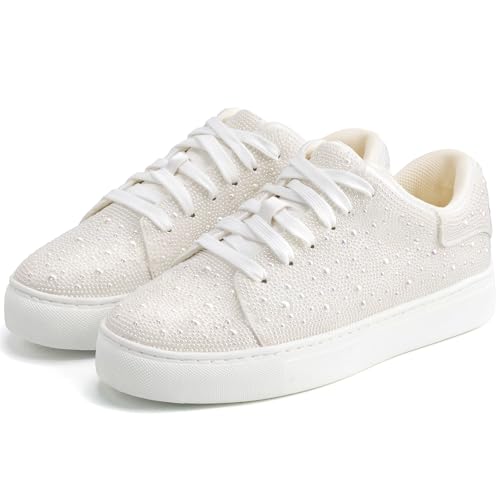 Image of Suokdil Sparkle Rhinestone Sneakers for Women - Bling Fashion Bedazzled Platform Tennis Shoes - White Glitter Sequin Wedding and Party Shoe