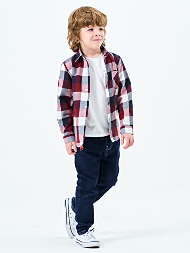 Ochenta Big Boys' Button Down Flannel Plaid Shirt, Kids Long Sleeve Christmas Tops E006 Red Blue Tag 150-7-8 Years #TOP7