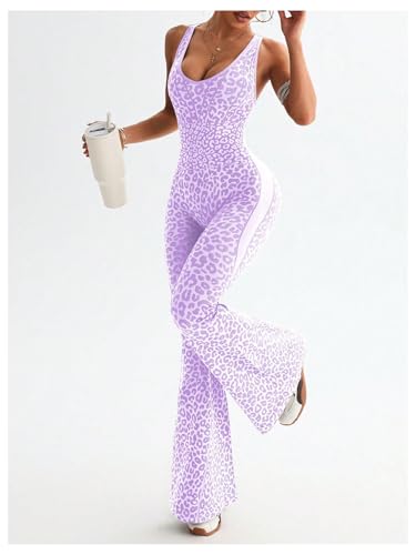 Image of Verdusa Women's Cheetah Print Workout Sets Yoga Jumpsuit Criss Cross Sleeveless Work Out Clothes Flared Pants Jumpsuits