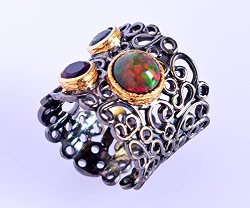 Bague en argent sterling massif avec pierre d'opale noire naturelle de style bohème chic