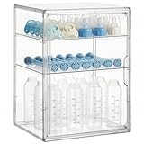 HBlife Baby Bottle Storage Organizer for Countertop Cabinet, 3 Tiers Adjustable Clear Acrylic Bottles Storage Station Case Box Container with 2 Removable Dividers and Magnetic Door, Large