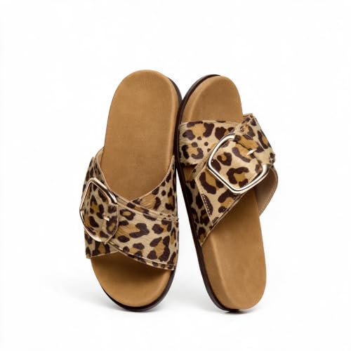 Image of Flat Sandals for Women Cross Buckle Straps Slides Slip-On Comfortable Summer Vacation Beach Sandals