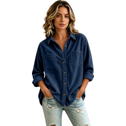 Corduroy Jacket Women Lightweight Oversized Button Down Fall Coat, Blue | Curved Hem, Patch Pocket, Button Up, Long Sleeve, Ribbed, Shacket Outfits, Outerwear, Hiking, Office, Teacher Outfits - image 4